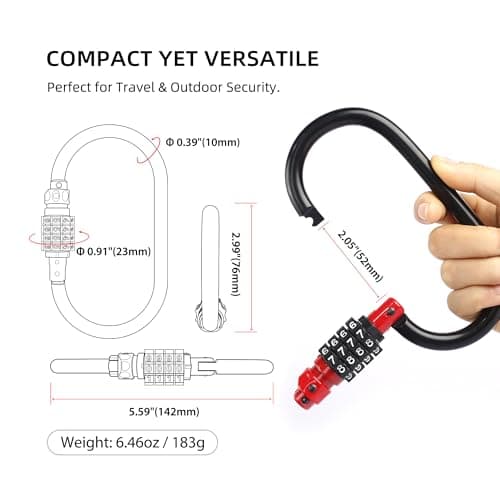UP Security Combination Lock D Ring with Retractable Cable, 3 Digit Combo Lock for Helmet Safe, Backpack, Luggage Anti-Theft, Stroller, Scooter, Gym Locker, Fence, Travel, Outdoor Use (Oval, Red) — view 2