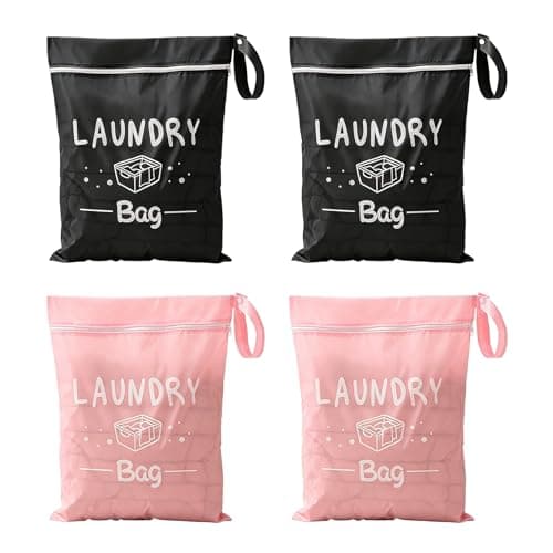 Hounyou 4Pcs Travel Waterproof Laundry Bag, Travel Laundry Bags for Dirty Clothes, Lightweight Small, with Handle & Zipper, for Swimming Home Holiday Camping (Pink, Black)