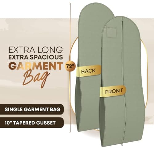 YOUR BAGS GARMENTUM Dress Bag for Gowns & Formal Dresses - 72" Extra Long Garment Bag for Hanging Clothes & Travel Women - Large Wedding Dress Garment Bags - 10" Gusset (Sage Green) — view 2