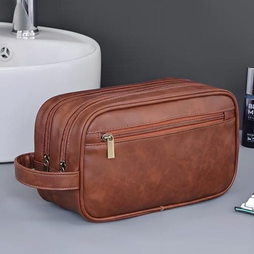 Leather Toiletry Bag Mens Wash Bag with 3 Compartments - Travel Toiletry Bag for Gym & Shaving, Small Washbag for Men, Perfect Travel Gifts for Men — view 6