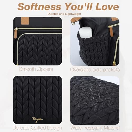 Tonyeee Baby Changing Bag Tote, Large Nappy Diaper Tote Bag for Mum Dad, Travel Baby Bag with Changing Mat, Pacifier Case, Insulated Bottle Pocket, Black — view 6