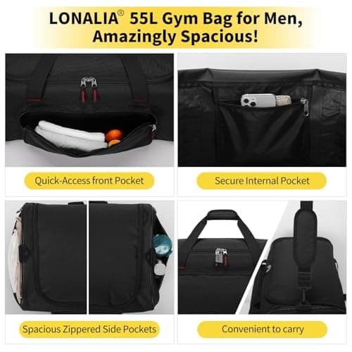 LONALIA 55L Large Gym Sports Duffle Bag for Men - 22 inch Mens Travel Holdall Weekend Overnight Bag (Black) — view 3