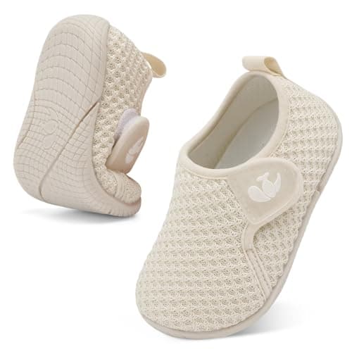 JIASUQI Toddler Breathable Sneakers Girls Boys Slip On Barefoot Shoes Kids Lightweight Casual Walking Shoes Non-Slip School Shoe(Beige 120,Size 2.5-3)