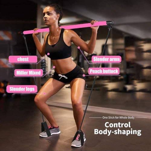 Portable Pilates Bar Kit with Exercise Resistance Band, Pilates Exercise Stick Yoga Fitness Bar with Foot Loop, Muscle Sculpt Leg Stretcher Home Gym Workout Equipment for Total Body Exercise (pink) — view 6