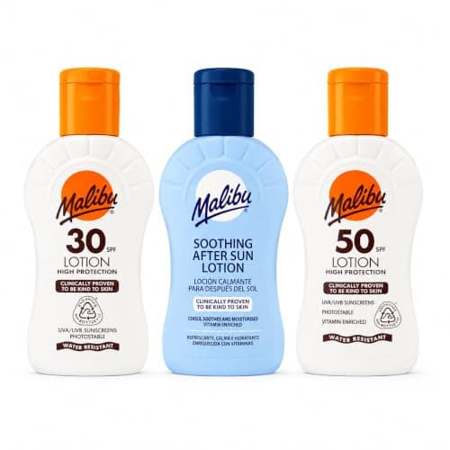 Malibu Sun Travel Essentials with Sun Cream Protection and After Sun Lotion, SPF 30 and 50, Multipack, 3 x 100ml