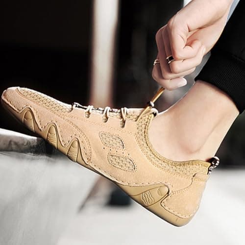Men's Driving Shoes Breathable Mesh Slip On Walking Sneakers Lightweight Casual Trainers with Flexible Rubber Sole for Travel Driving Work Outdoor Hiking Road Trips Daily Walking (Khaki,8) — view 2