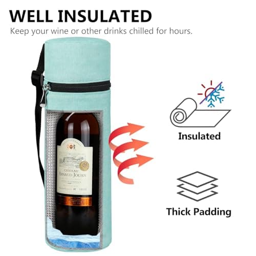 Aosbos Wine Cooler Bag, 750ml Single Water Bottle Carrier with Shoulder Strap, Padded Insulated Small Cool Bags Sling for Beach, Picnic, Travel – Gift Pouch for Wine Lovers, 12.2" x 3.9" — view 5