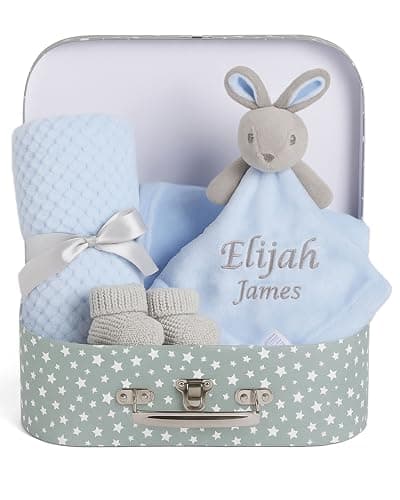Hoolaroo Personalised New Baby Hampers Gift Set - Boy Unique Suitcase Memory Box Cute Soft Newborn Gifts Boy Congratulations Milestone Blue Bunny Comforter Blanket