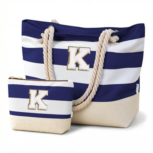 Vavabox Initial Beach Bag with Zip＆Pockets, Personalised Gifts for Women(K)