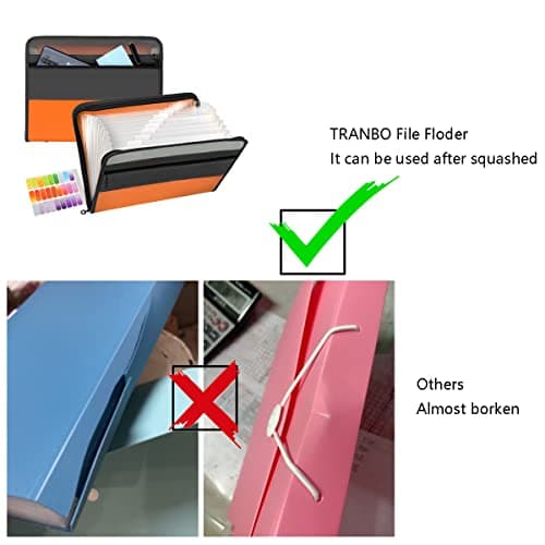 TRANBO 13 Pockets A4 Expanding File Folder with Zipper Closure, Plastic Document Wallet Organizer with Handy Front Pocket - Orange — view 4