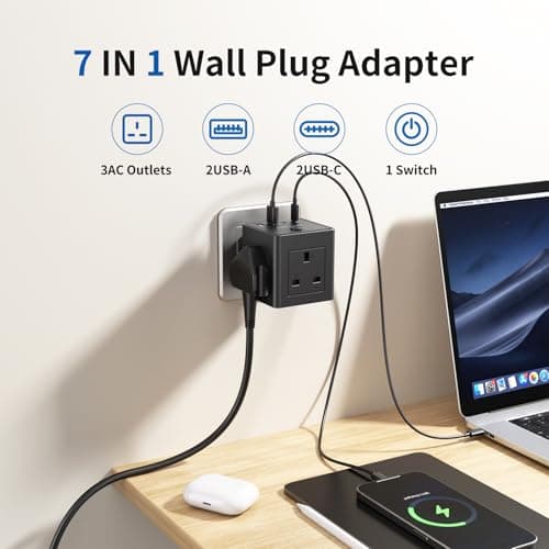 Plug Extension Socket with 4 USB, 3 Way Multi Plug Adapter UK, USB Wall Plug Charger, 3 Pin Plug Expander for Home, Office — view 2