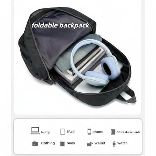 ROSSRORE Foldable Backpack 20L, Ultra Lightweight Packable Travel Daypack for Men Women Hiking Camping, Water Resistant Rucksack Folds into Pocket for Outdoor Sports Travelling Solid Black — view 6