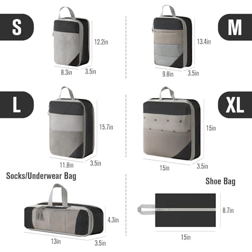 WOOMADA Compression Packing Cubes for Suitcases Travel Essentials 6 Set Rectangle Mesh Expandable Travel Bags Organizer for Luggage(Charcoal) — view 2