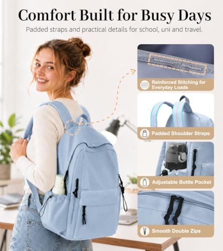 FIORETTO Lightweight School Backpack Womens, Cute School Bag for Girls, Laptop Rucksack Backpack for School Casual Daypacks Travel Backpack for College Work Dusty Blue — view 6