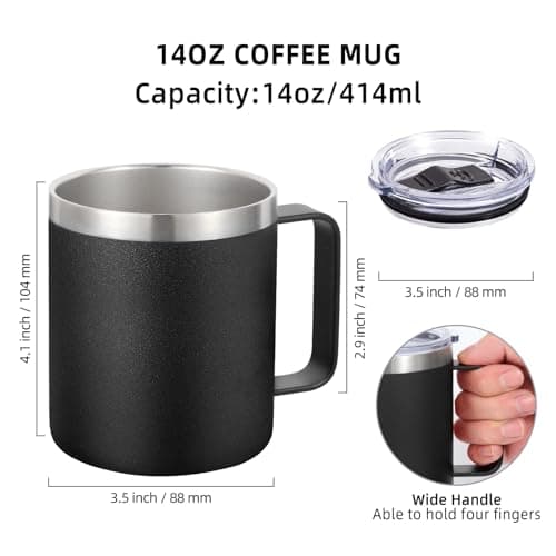 Volhoply 14oz Insulated Stainless Steel Coffee Mug with Leakproof Lid,Double Wall Vacuum Travel Coffee Cup with Handle,Reusable Metal Tumbler,Camping Mugs Keep Hot/Cold,Christmas Gifts(Black,1 — view 2