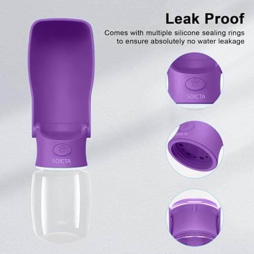 SOICTA Portable Dog Water Bottle for Walking 19 OZ or 12 OZ Portable Pet Water Bottles for Puppy Small Medium Large Dogs Water Dispenser Bowl Dog Accessories(12OZ Purple) — view 2