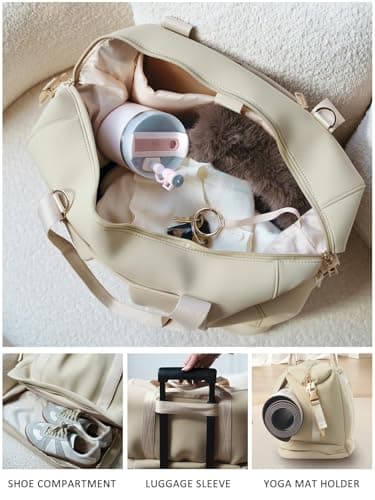 MOIY Water roof Gym Bag for Women with Shoe Compartment, Weekender Bags for Women Travel, Carry on Bags for Airplane, Neoprene Travel Bag, Yoga mat Bag, Beige, Duffle Bag with Detachable Strap — view 2