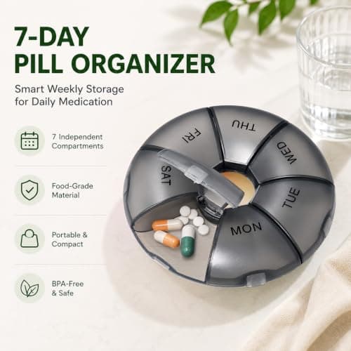 Weekly Pill Box 7 Day Organiser, Round Travel Pill Box with Daily Compartments, Portable Tablet Organiser Medicine Box for Vitamins, Supplements, Medication, Compact Pill Case with Snap Lid (Black) — view 2