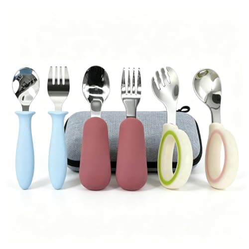 Voraytech 7 Pack Toddler Stainless Steel Utensils, Kids Silverware Set with Silicone Handle, Children Safe Spoons and Forks, Food-Grade Silicone with Storage Case - Dishwasher Safe