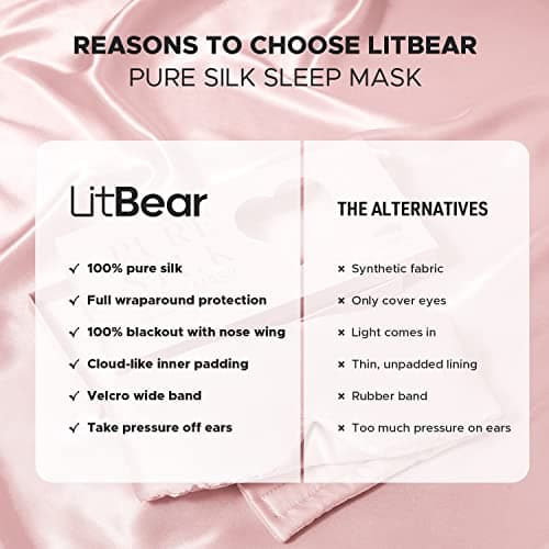 LitBear 100% Mulberry Silk Eye Mask for Sleeping, 22 Momme Silk Sleep Mask for Women and Men, Face-Hugging Padded Blackout Eye Cover for Side Sleeper with Adjustable Band, Pink — view 6