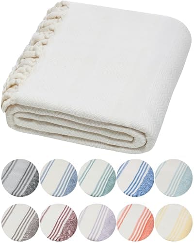 DEMMEX Organic Turkish Cotton Beach Bath Hammam Towel – Quick-Dry, Lightweight, Compact, Sand-Free Beach Towel & Blanket – Luxury Bathroom & Hammam Towel Peshtemal, OEKO-TEX Certified, 180x90cm, White