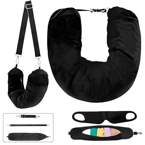 Binmiza Stuffable Neck Pillow for Travel, Travel Neck Pillows with Adjustable Strap & Sleep Mask, Fillable Travel Pillow with Clothes for Airplane Train Camping (Black)