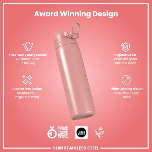 ION8 Lightweight Steel Water Bottle, 600 ml/20 oz, Non-Insulated, Leak Proof, Easy to Open, Secure Lock, Dishwasher Safe, Flip Cover, Fits Cup Holders, Carry Handle, Metal Water Bottle, Ash Rose Pink — view 6
