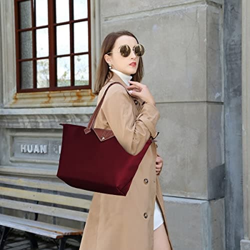 BOJLY Tote Bags for Women Stylish Waterproof Nylon Ladies Shoulder Bag Top Handle Handbag Folding Beach Travel Bag for Work,Shopping, School Maroon Red Small — view 2