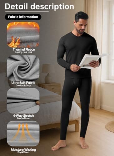 QIXING Mens Thermal Underwear Set Fleece Lined Long Johns Warm Base Layer Set for Winter Ski Football Work (Black, L) — view 4