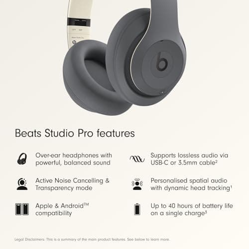 Beats Studio Pro – Wireless Bluetooth Noise Cancelling Headphones, Personalised Spatial Audio, USBC Lossless Audio, Apple & Android Compatibility, Up to 40 Hours Battery Life – Sand Grey — view 2