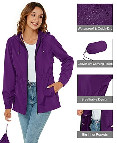 Rapbin Raincoat Women Waterproof Jacket Lightweight Rain Coats Outdoor Rain Trench Coat Packable Hooded Raincoats with Pocket Purple S — view 3