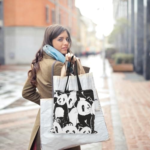 Hoement Large Capacity Canvas Tote Bag with Panda Design Double Layers Casual Shoulder Shopper Suitable for Grocery Shopping and Travel Assorted style — view 3