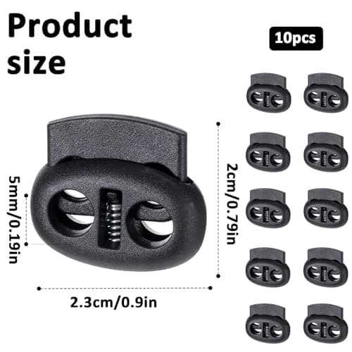 Ajcotahm 10Pcs Toggles for Drawstrings, Plastic Spring Cord Locks Black Dual-Holes Shoe Lace Tie Locks Drawstring Stopper Fastener for Shoelaces Drawstrings Sweatpants Hats Clothing Bags (Flat) — view 2
