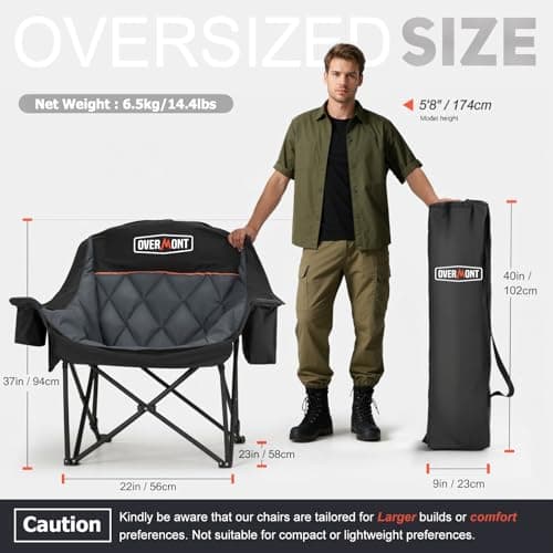 OVERMONT Oversized XL Camping Folding Chair for Adults - 450lbs Support Heavy-Duty Padded Folding Chair with Side Pocket Cup Holder for Outdoor Sports Garden Beach Fishing Lawn Black — view 3