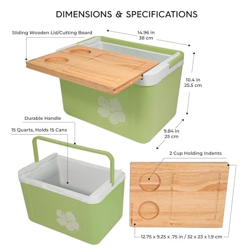 Roxy 15 Qt Portable Hard Cooler with Sliding Wooden Lid and Cutting Board, Insulated Ice Chest for Beach, Picnic, Camping and Travel, Forest Mint Green — view 2
