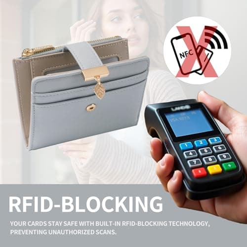 Pomelo Best Women's RFID Wallet - Vegan Leather Bi-fold Small Ladies Purse with Zipper Coin Pocket & ID Window - Leaf Charm Compact Wallet for Women (Grey) — view 3