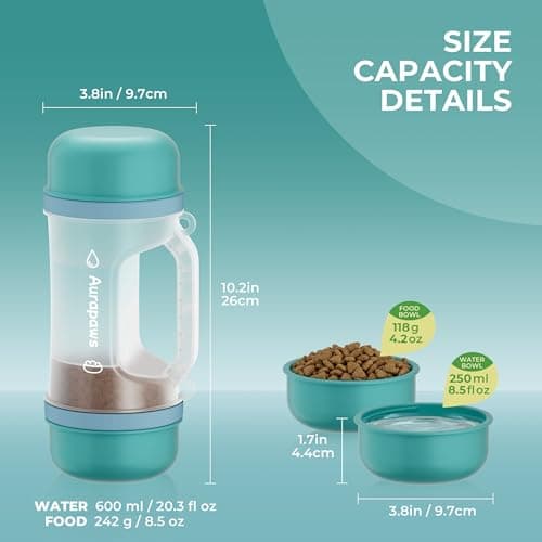Aurapaws Dog Water Bottle Portable 20.3oz with Food Container & 2 Bowls — view 2