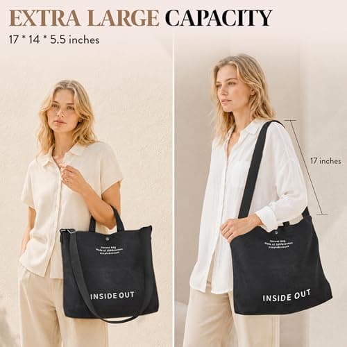 UNLOCKCUP Large Canvas Tote Bag for Women 3 Small Inside Pockets-Vintage Crossbody Handbag for Work, Beach, Travel-16oz Cotton, Black, One Size — view 4