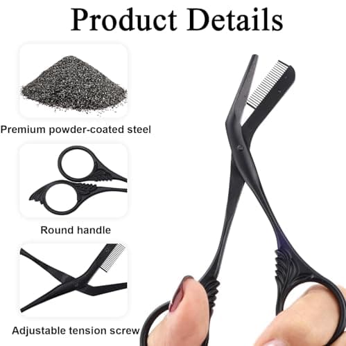 Black Stainless Steel Eyebrow Scissors for Women, Professional Non-Slip Finger Grips Eyebrow Scissors, Eyebrow Trimmer with Comb for Women Men, Suitable for Home, Travel and Salon Use — view 3