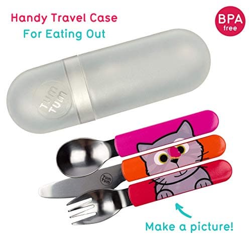 TUM TUM Toddler Cutlery Set with Travel Case, 3 Pcs Kids Cutlery Set Stainless Steel Includes 1 x Fork/Spoon/Knife, Kids Travel Cutlery Sets, BPA Free (Bluebell The Cat) — view 2