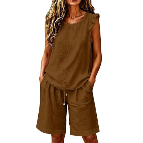 Festival Co Ord Linen Shorts Co Ord Sets for Women Summer 2 Piece Airport Travel Outfits Sleeveless Ruffle Vest Tops Bermuda Shorts Plus Size Loungewear Tracksuit Full Set Leisure Suits Streetwear