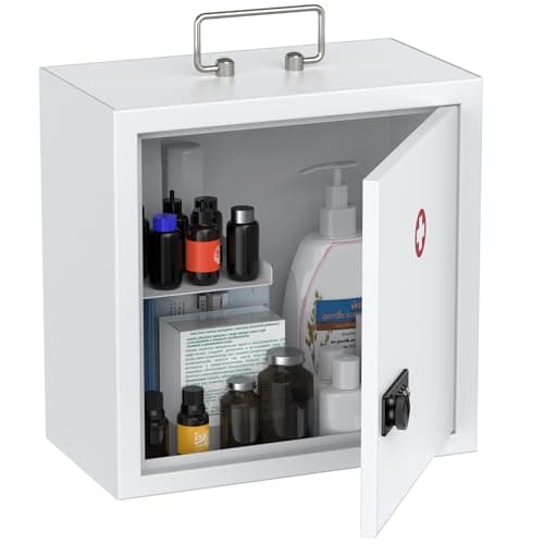 Uniclife Wall Mount Medicine Cabinet with Combination Lock & Handle Locking First Aid Lockable Medical Safe Storage Box Medium Medicine Organizer Secure Steel Wall Cabinet Metal Storage Box