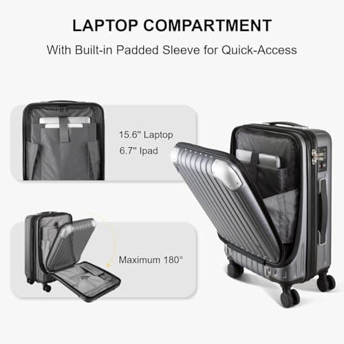 LEVEL8 Carry-on Suitcase 20-Inch with Laptop Compartment, Hand Luggage Case, ABS+PC Hardshell Spinner Trolley Lightweight 4 Wheels Cabin Size with TSA, Grey — view 3