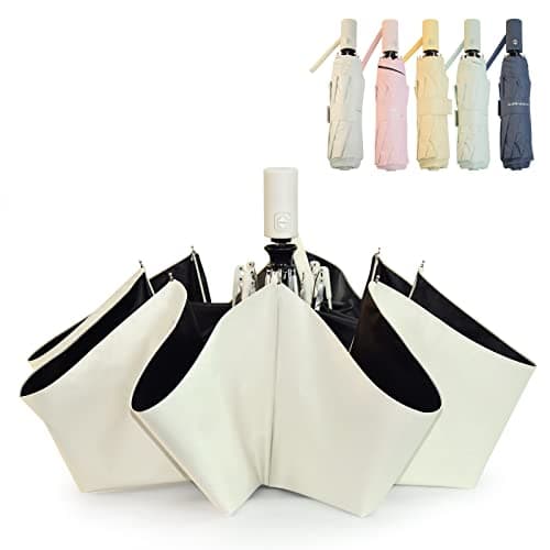 SY COMPACT Automatic Windproof Umbrellas Travel Strong Umbrella for Rain and Sun Protection Small Umbrella UV Blocking for Women and Men (Cream) — view 6