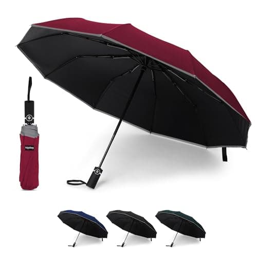 KEPLIN Folding Travel Umbrella Compact with Case (Cabernet), Auto Open & Close Handle, Windproof Strong, Golf 10 Ribs, Folding, Compact Windproof Umbrella