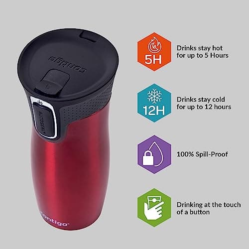 Contigo West Loop Autoseal Travel Mug, Stainless Steel Thermal Mug, Vacuum Flask, Leakproof Tumbler, Coffee Mug with BPA Easy-Clean Lid, 470 ml, Red — view 3