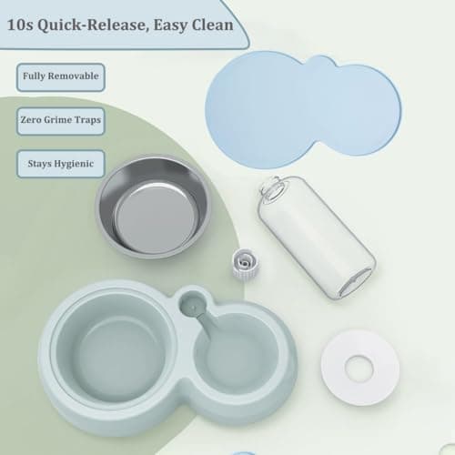 TANXIC Double Dog Cat Bowls, Pets Food and Water Bowl Set with Automatic Water Dispenser and Stainless Steel Bowl Silicone Dog Bowl Mat, Gravity Feeder for Cats and Small Dogs Puppies (Blue) — view 6
