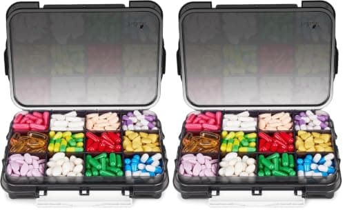 Fullicon Extra Large Pill Box Organiser with 12 Compartments, Large Travel Pill Box for Supplement with 3 Secured Buckles, Daily Moisture Proof Vitamin Box with Removable Dividers (Black) (Pack of 2)