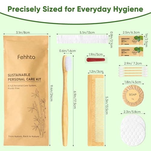 FEHHTO Compostable Personal Hygiene Kit Bulk 25 Sets, Disposable Travel Toiletry Kit, Eco Friendly Hotel Bathroom Amenities for Guest Care, with Bamboo Toothbrush, Toothpaste, Comb, Soap & Shower Cap — view 6