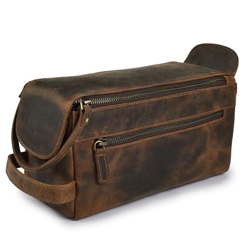 Leather Village Premium Leather Travel Toiletry Bag - Unisex Water-Resistant Travel Dopp Kit, Shaving & Cosmetic Organizer for Men & Women - Compact Bathroom Essentials - Distressed Brown